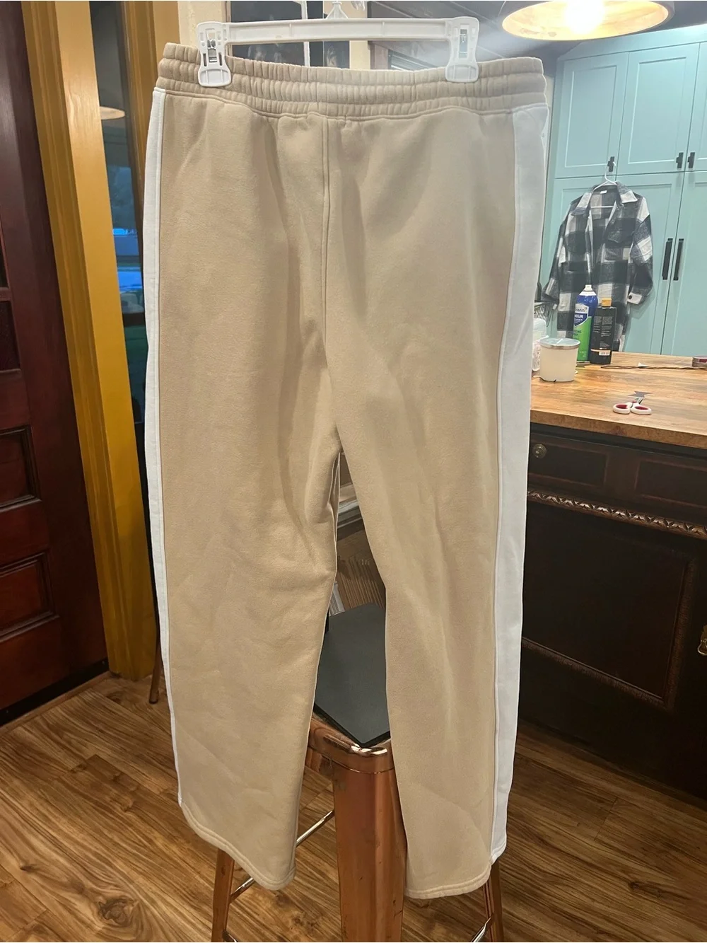 Fashion Nova Beige Joggers with Red 'New York' Graphic and White Side Stripe